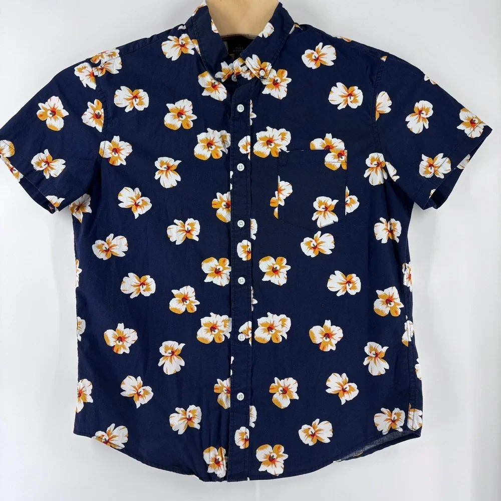 J.Crew Button Down Shirt Mens Large Navy Floral Flex Washed Slim Fit Hawaiian
